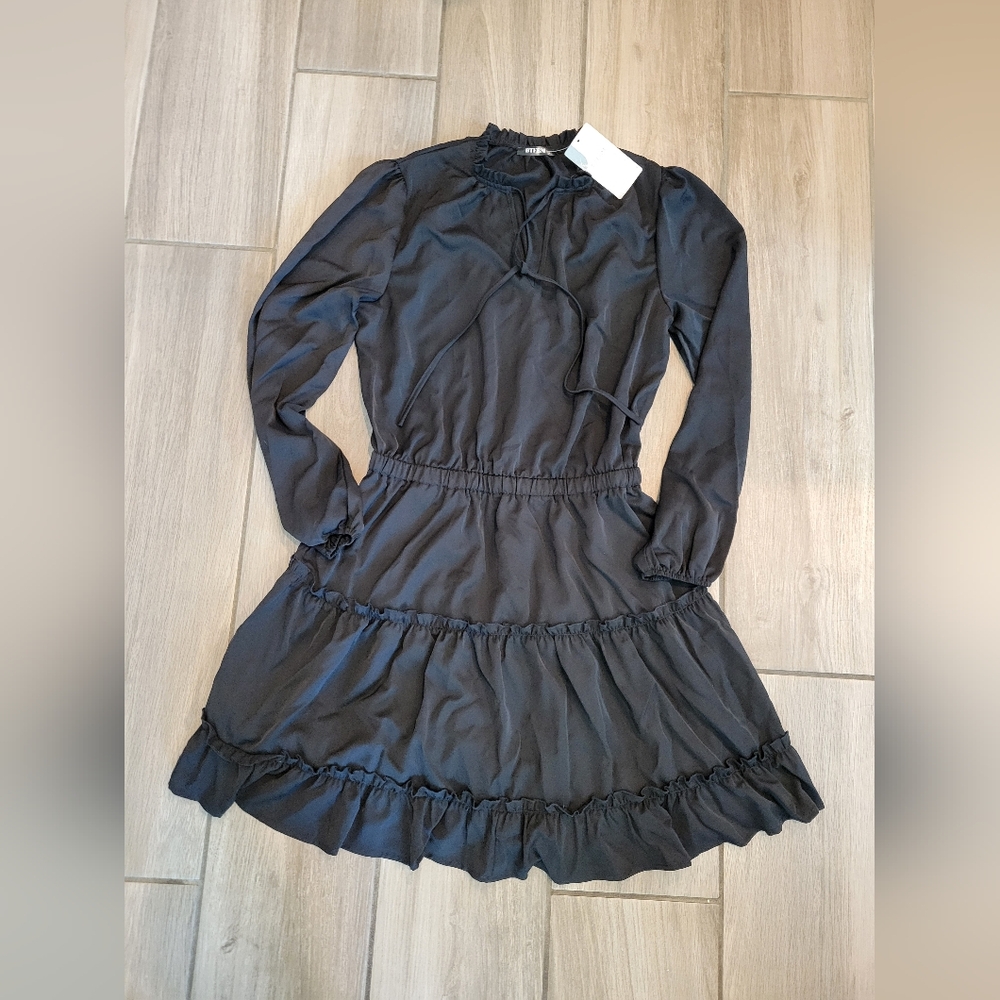 Brand New Black BTFBM Casual, Tie V Neck Long Sleeve Tunic Mini Dress - Picture 1 of 3
